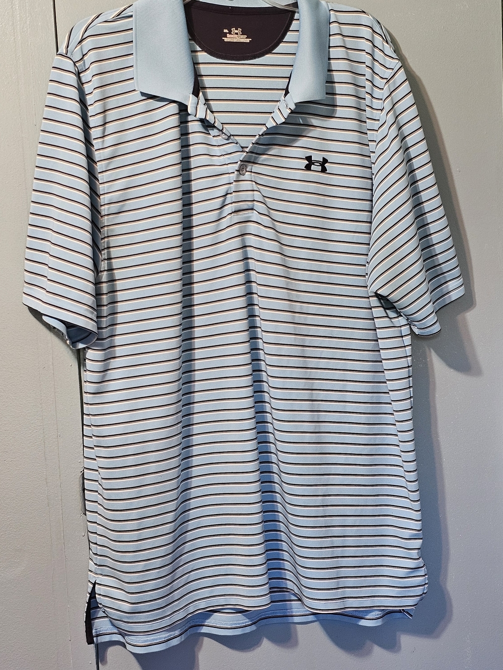 Under Armour Men’s Light Blue Polo with Navy & White Stripes